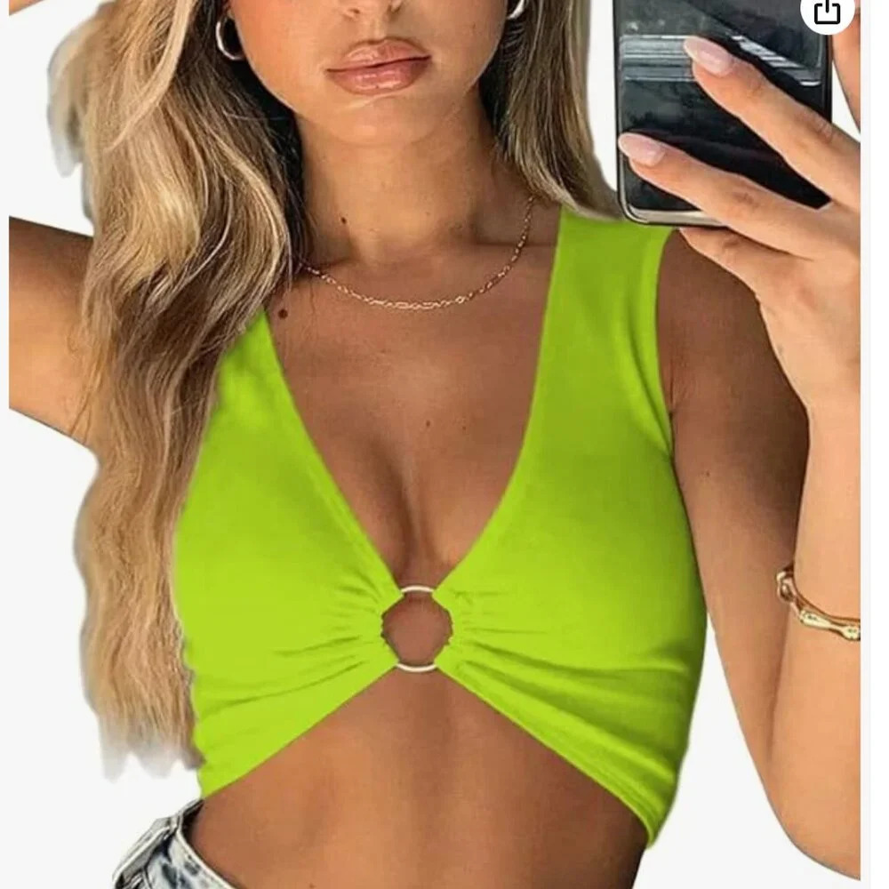 AEVZIV Sexy Crop Tops Sleeveless Deep V Neck Workout Tops Plunge Ring - small